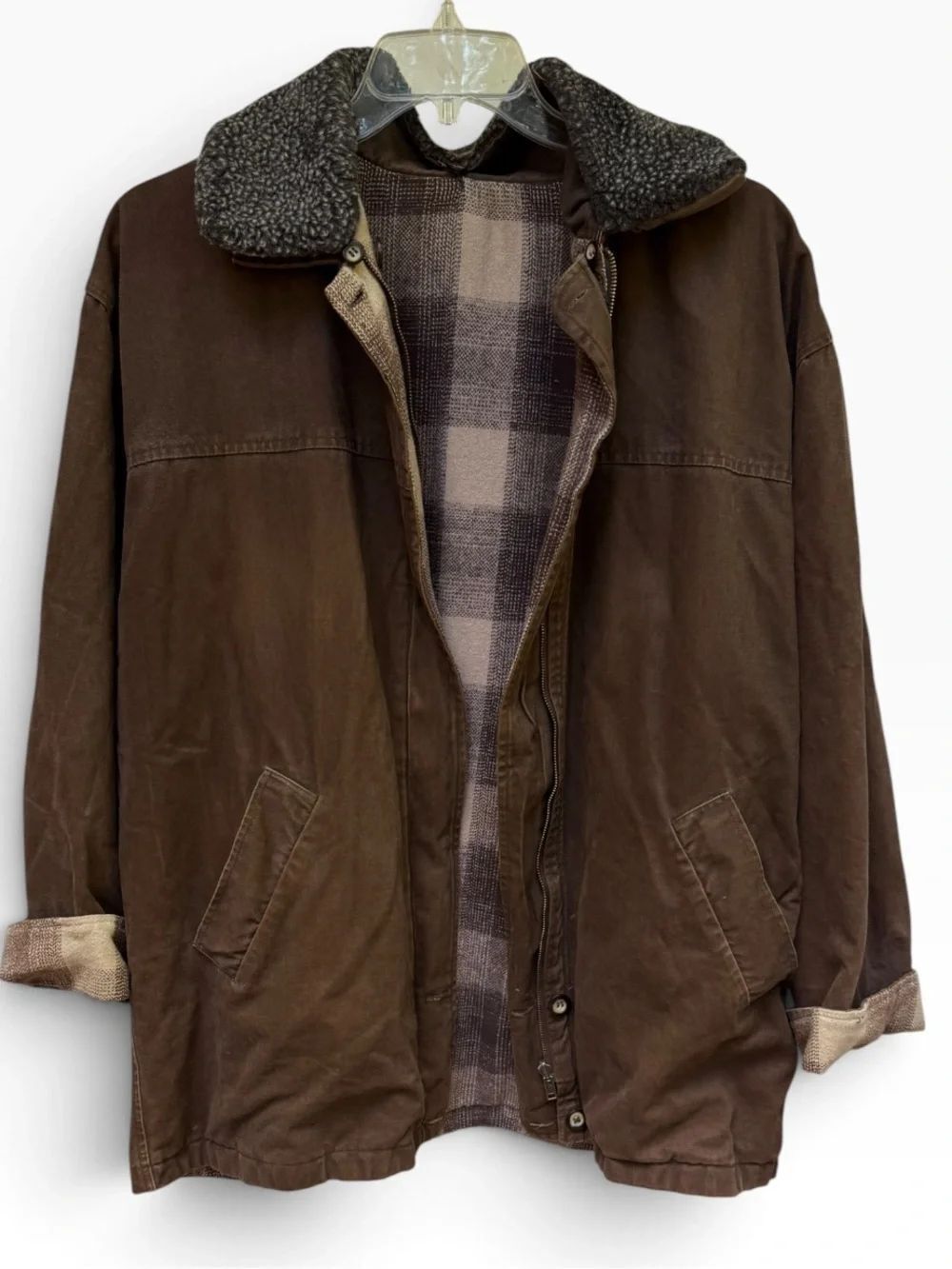Brandon Thomas Vintage Reversible Plaid and Brown Canvas Jacket Size Large